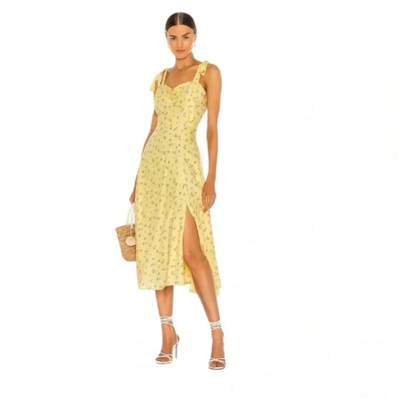 Bardot Yellow Floral Roses Ditsy Bow Tie Shoulder Midi Dress Sz 8 M - Picture 1 of 14